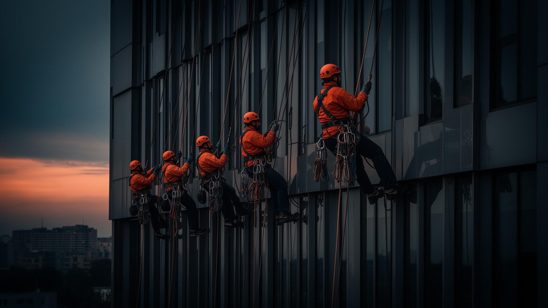 Equipo de trabajos verticales en fachada al atardecer